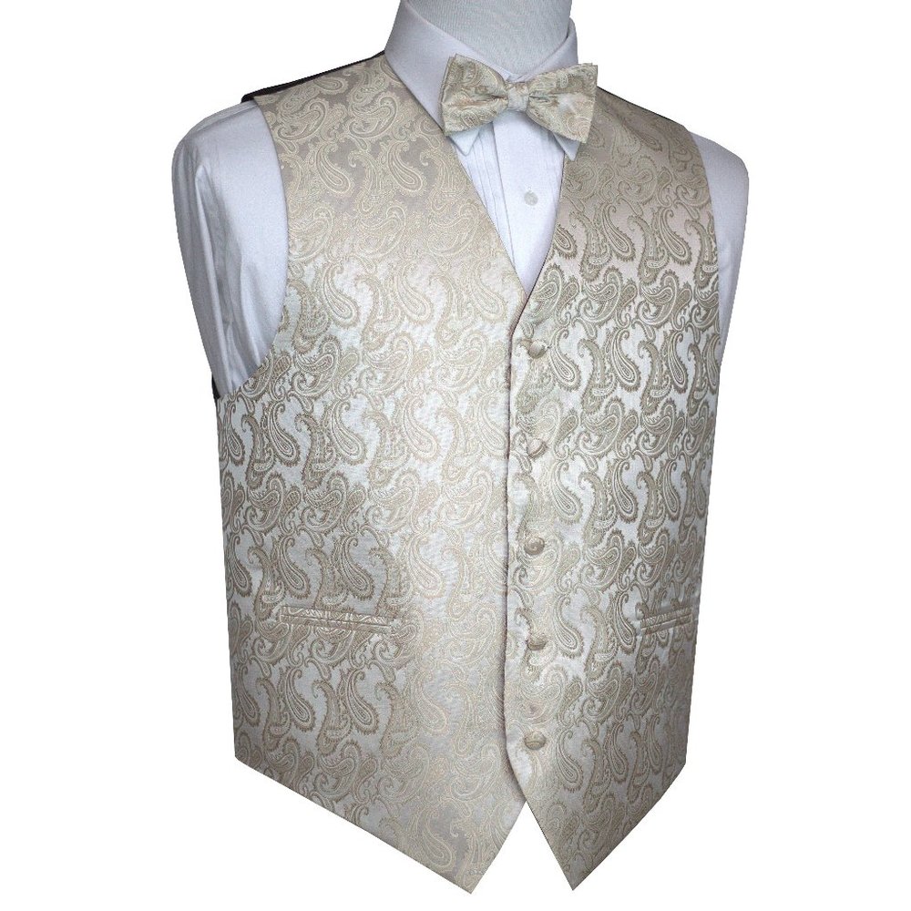 Men's Formal Wedding Prom Tuxedo Vest Bow-Tie & Hankie set - Champagne Paisley
